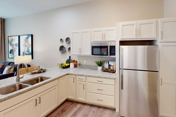 Bright kitchen area in a senior living facility