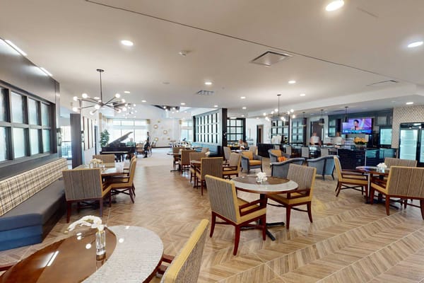 Bright and spacious common area with seating