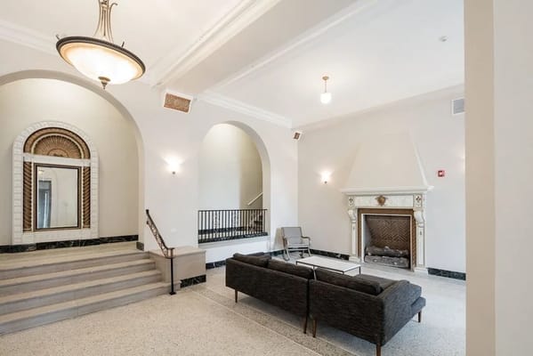 Spacious lobby with couches and decorative features