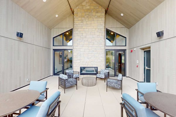 Interior view of a common area with seating.