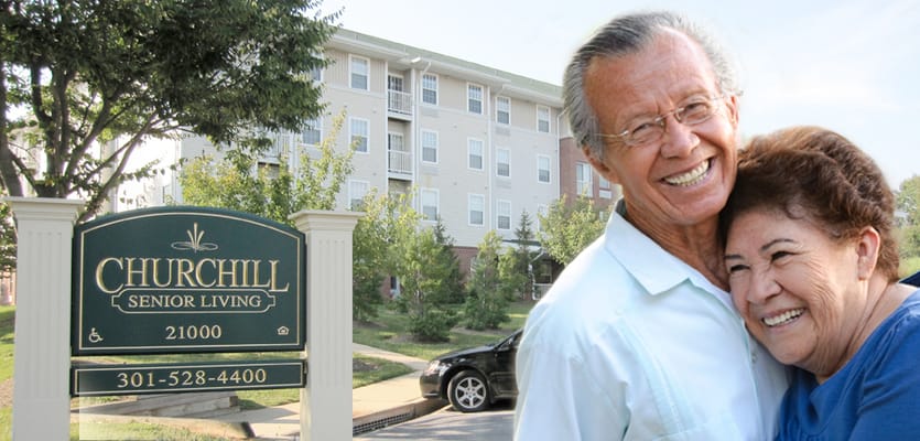 Two happy residents in front of Churchill Senior Living