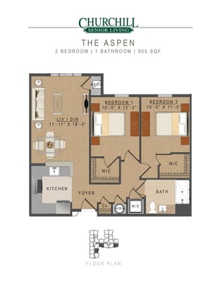 Architectural floor plan of a two-bedroom unit