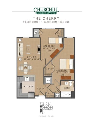 Architectural floor plan of a two-bedroom unit