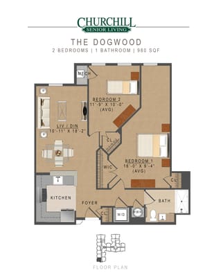 Floor plan for a two-bedroom unit at Churchill Senior Living