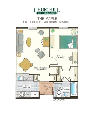 Architectural floor plan for one-bedroom unit