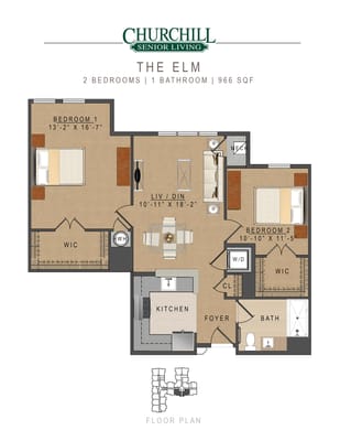 Architectural floor plan with two bedrooms and a bath