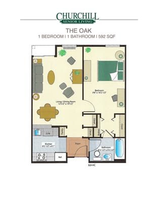 Architectural floor plan of a one-bedroom unit