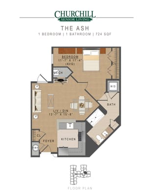 Architectural floor plan of a one-bedroom unit