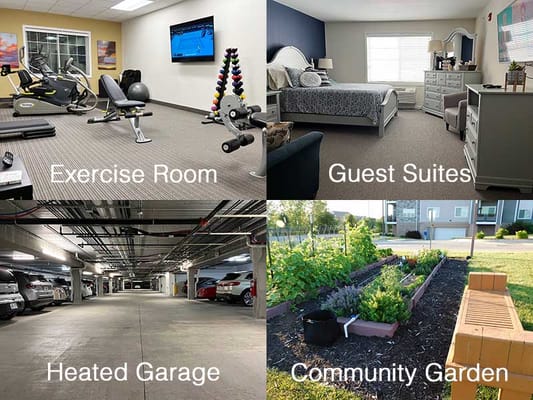 Exercise room, guest suites, heated garage, community garden