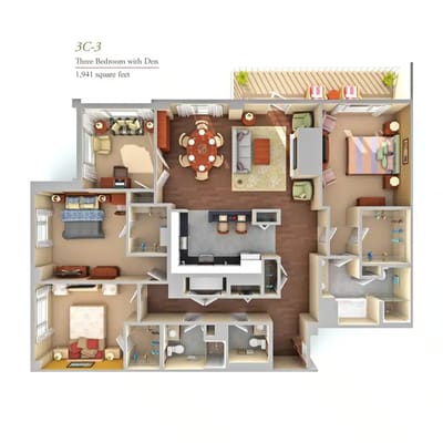 Architectural floor plan of a three-bedroom unit