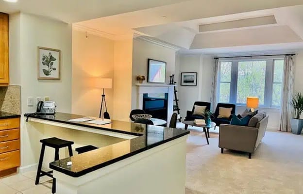 Bright interior common area with seating and decor