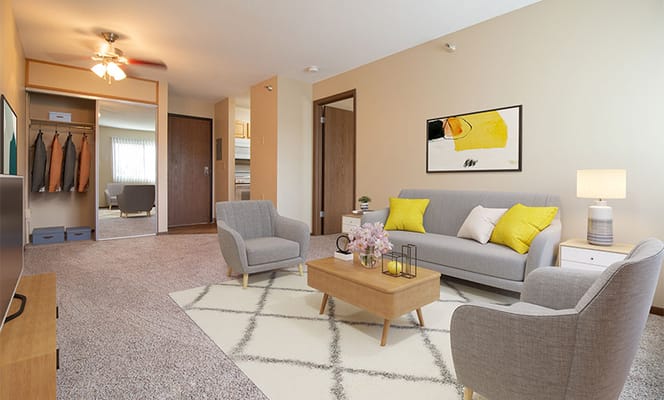 Bright interior of a cozy apartment living room