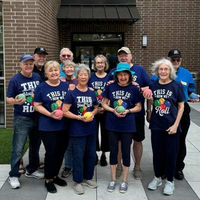 Residents participating in a fun outdoor game activity