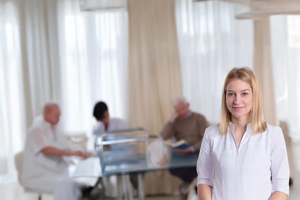 Staff member in a social area with residents