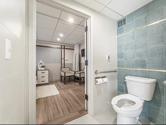 Bright, modern bathroom of a resident unit