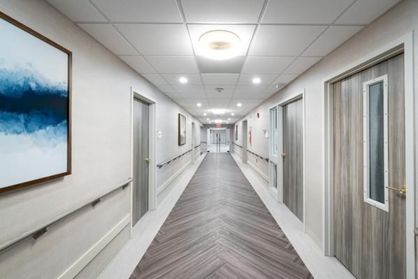 Bright hallway in a senior living facility