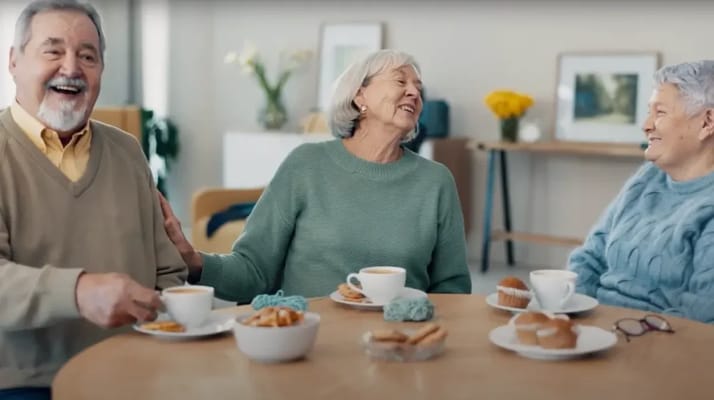 Three smiling seniors enjoying snacks and conversation