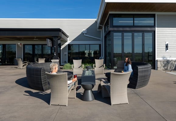 Residents enjoying time in an outdoor seating area