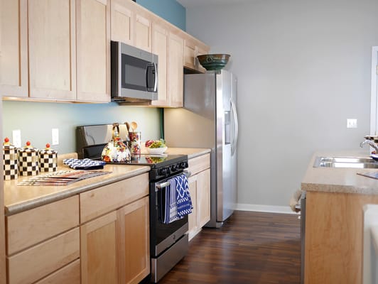 Modern kitchen layout in a senior living facility