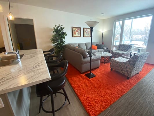 Bright common area with comfortable seating