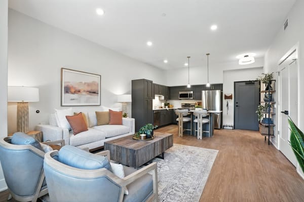 Modern living room setup in a senior living apartment