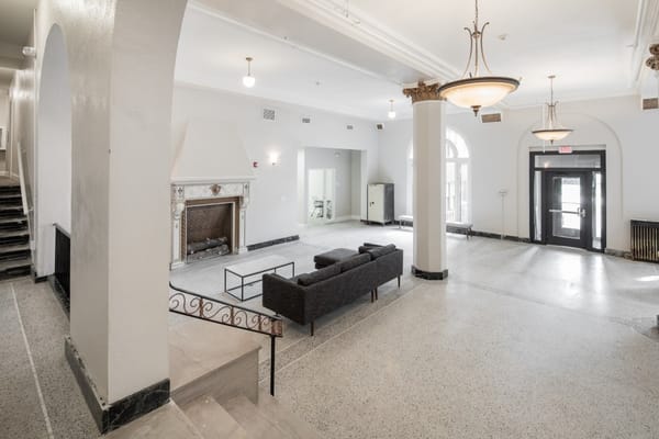 Bright interior of a common area with seating