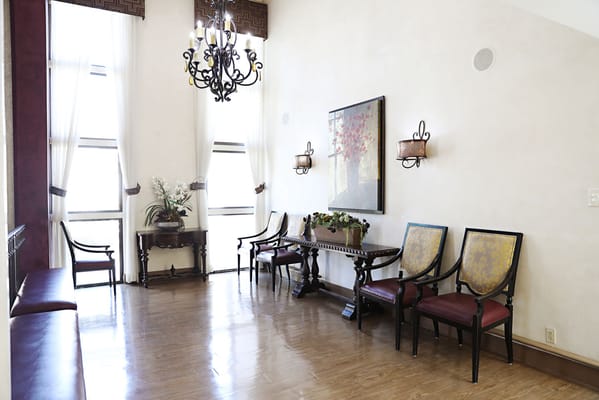 Interior view of the lobby with seating and decorative elements.