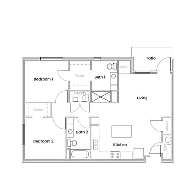 Architectural floor plan of a two-bedroom unit