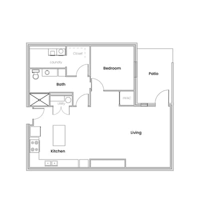 Architectural floor plan of a one-bedroom apartment