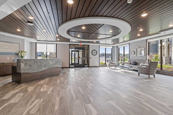 Bright, modern lobby area of senior living facility