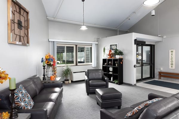 Bright and welcoming interior common area with seating