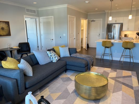 Bright and modern living room interior with cozy seating