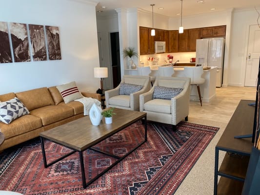 Bright and inviting common area in a senior living facility