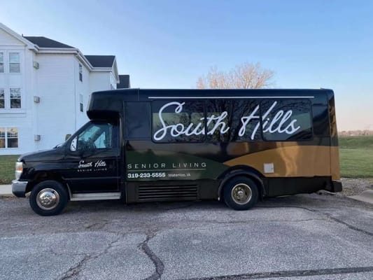 Shuttle bus for South Hills Senior Living parked outside