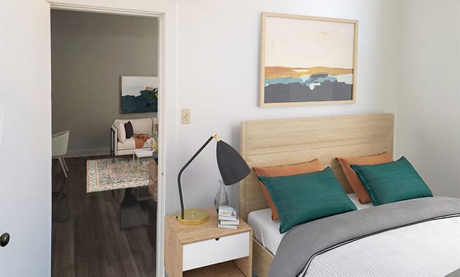 Cozy bedroom in a senior apartment showing modern decor