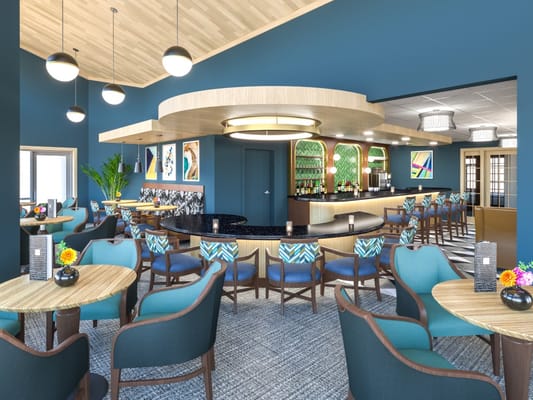 Cozy lounge area with seating and bar