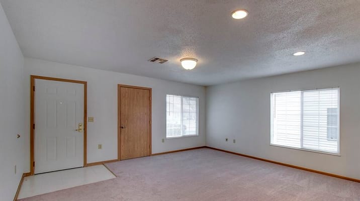 Bright living room with neutral carpet and two windows