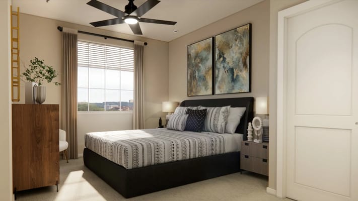 Stylish bedroom with a bed, nightstands, and large window.