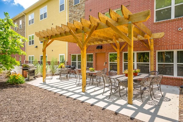 Outdoor patio area with shaded seating