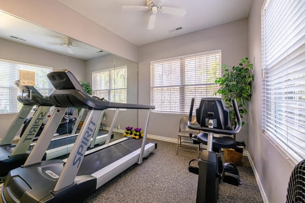Fitness equipment in a well-lit exercise room
