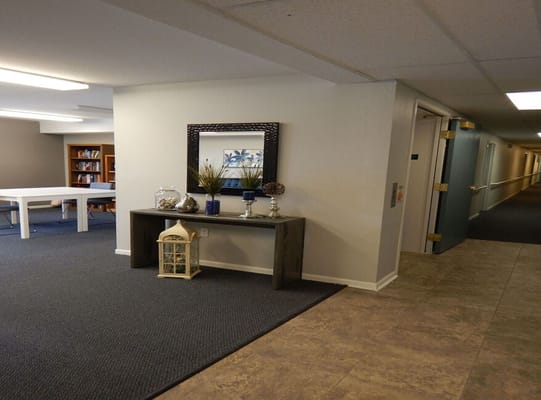 Interior view of a common area with decor and seating