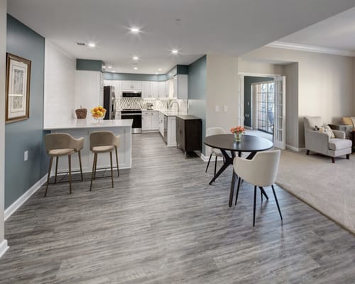 Bright, spacious interior of a common area with dining space