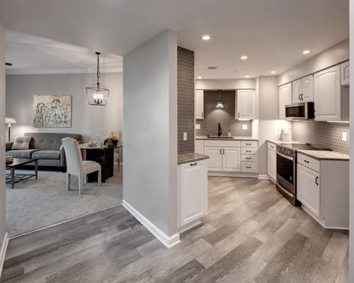 Modern kitchen and living area in a senior apartment
