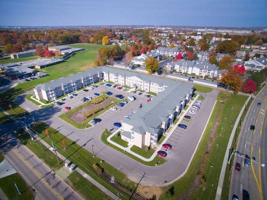 Aerial view of Preston Village Senior Apartments and surrounding area