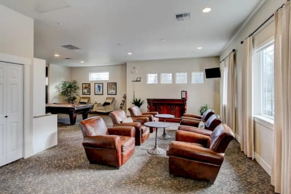 Seating area with brown armchairs and a pool table