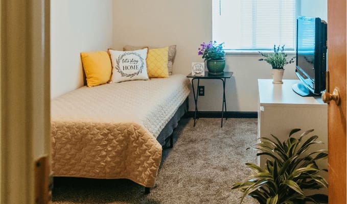 A cozy bedroom featuring a twin bed with decorative pillows, a small table with potted plants, and a TV.