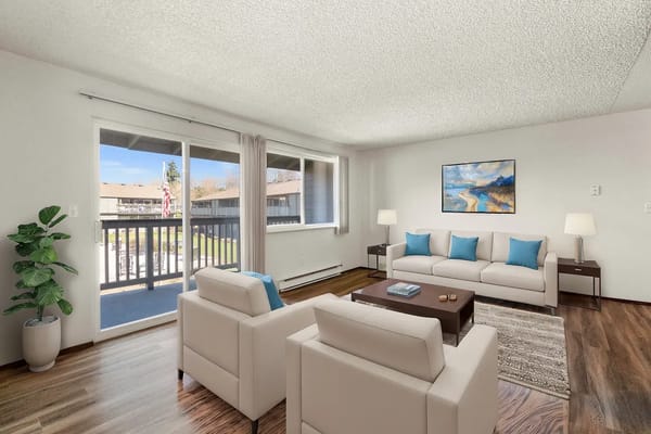 Interior view of a well-decorated living room in a senior apartment