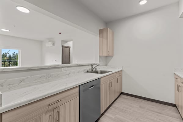 Bright kitchen area with a marble countertop and modern appliances