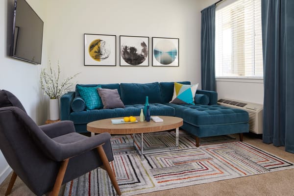 Bright living room area with teal furniture