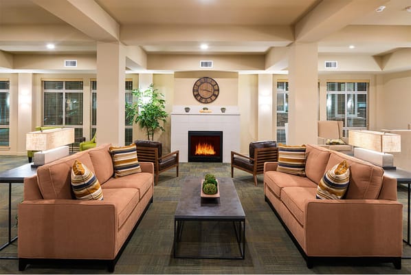 Interior view of a common area with sofas and a fireplace